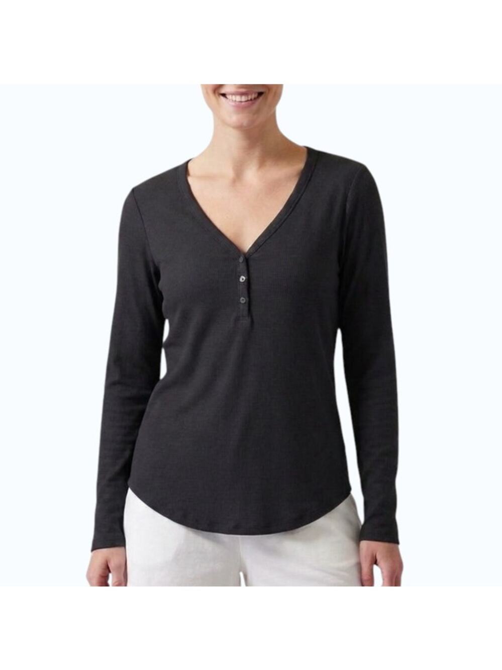 Athleta Wind Down Sleep Top Black Ribbed Henley Women Size L NWT